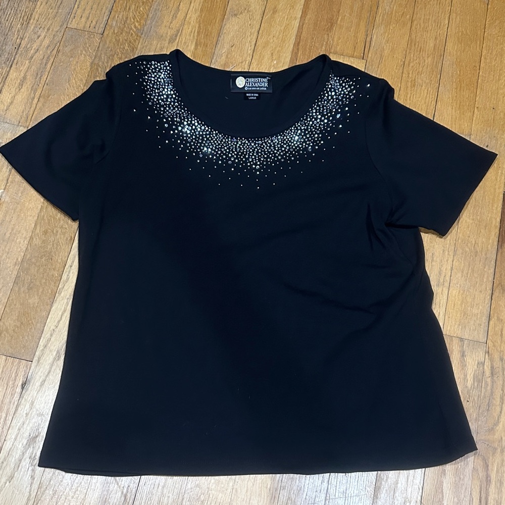 Christine Alexander Black Short Sleeve Top with Silver Embellishments